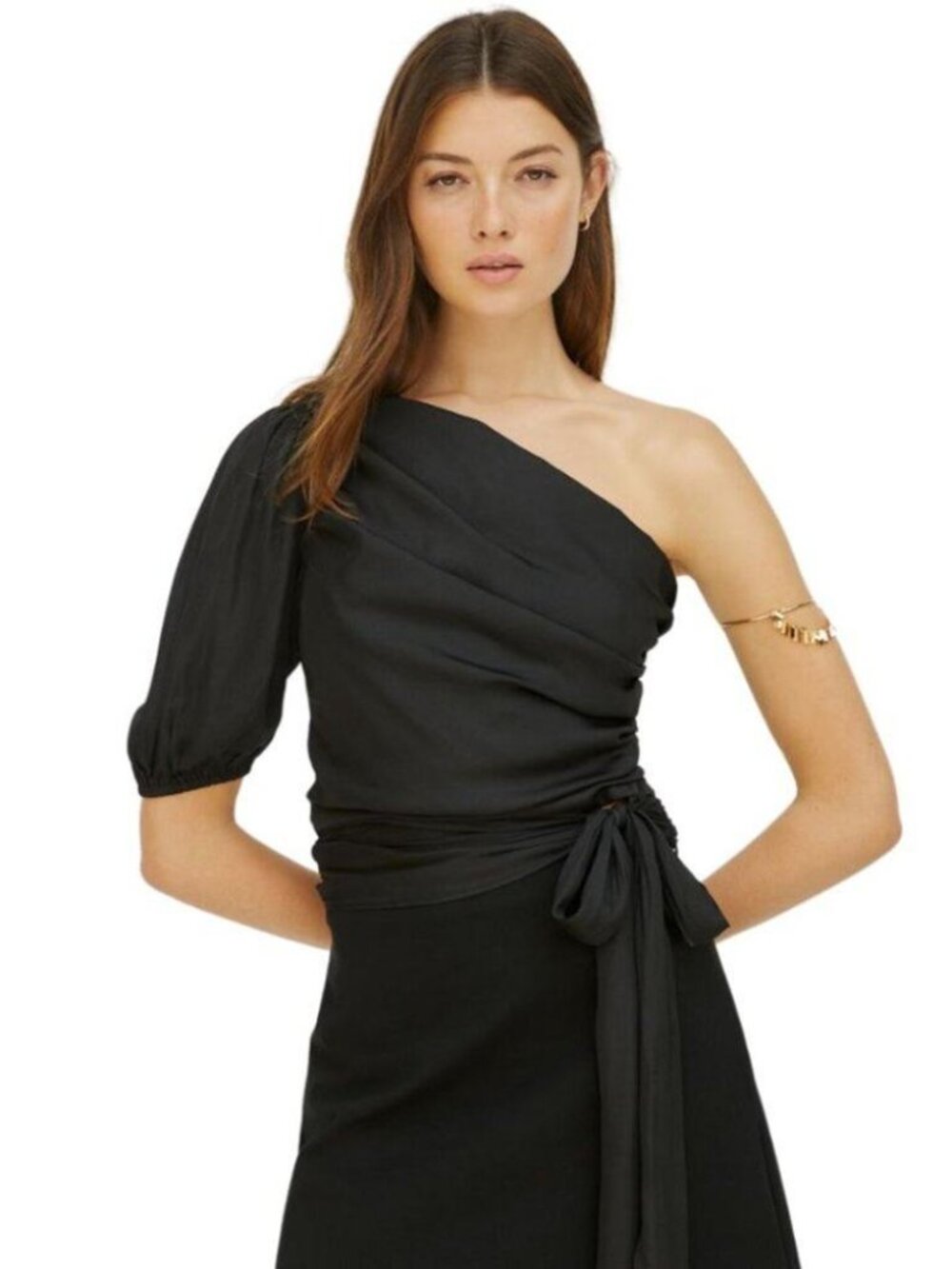 NWT Dolan Anthropologie Black Satin Ruched One Shoulder Puff Sleeve Top Size XS.
